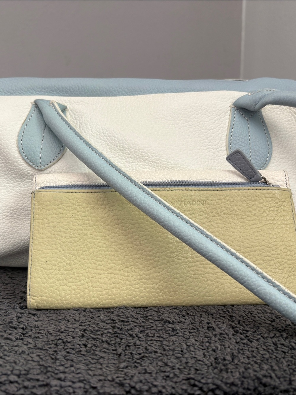 White & Light Blue Leather Women’s Shoulder Bag with Pale Yellow Wallet